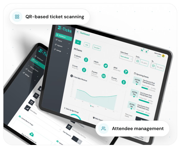 Eticks event dashboard with QR scanning and attendee management interfaces